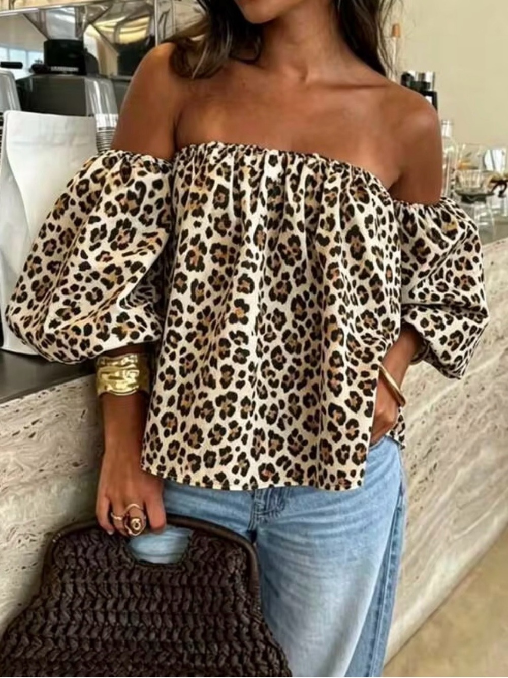 Women’s Leopard Print Off Shoulder Puff Sleeve Blouse Size Large Chic L